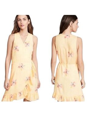 Rails Madison Linen Wrap Dress Size Large Yellow Floral Ruffle Hem Summer Brunch